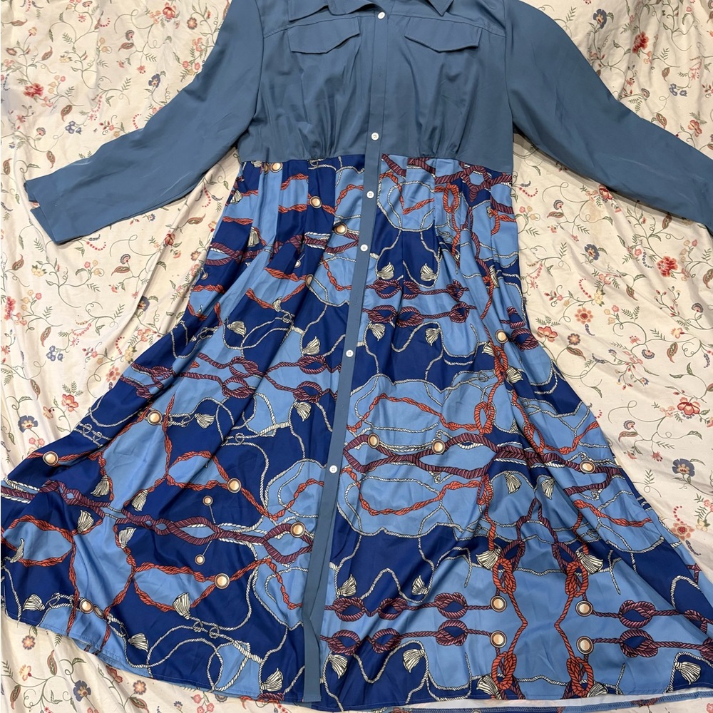 Chic Blue Patterned Long Sleeve Dress